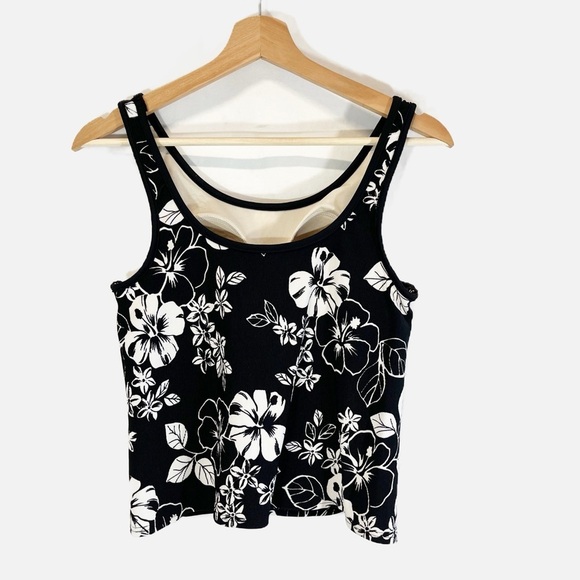 L.L. Bean Tankini Top Black White Floral Print Ribbed Built In Bra Size 10 - Picture 2 of 5